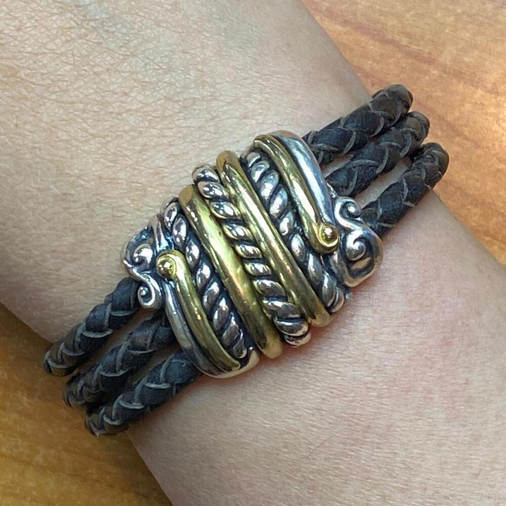 Carolyn Pollack Sterling & Brass Dark Brown Braided Leather Bracelet For Women